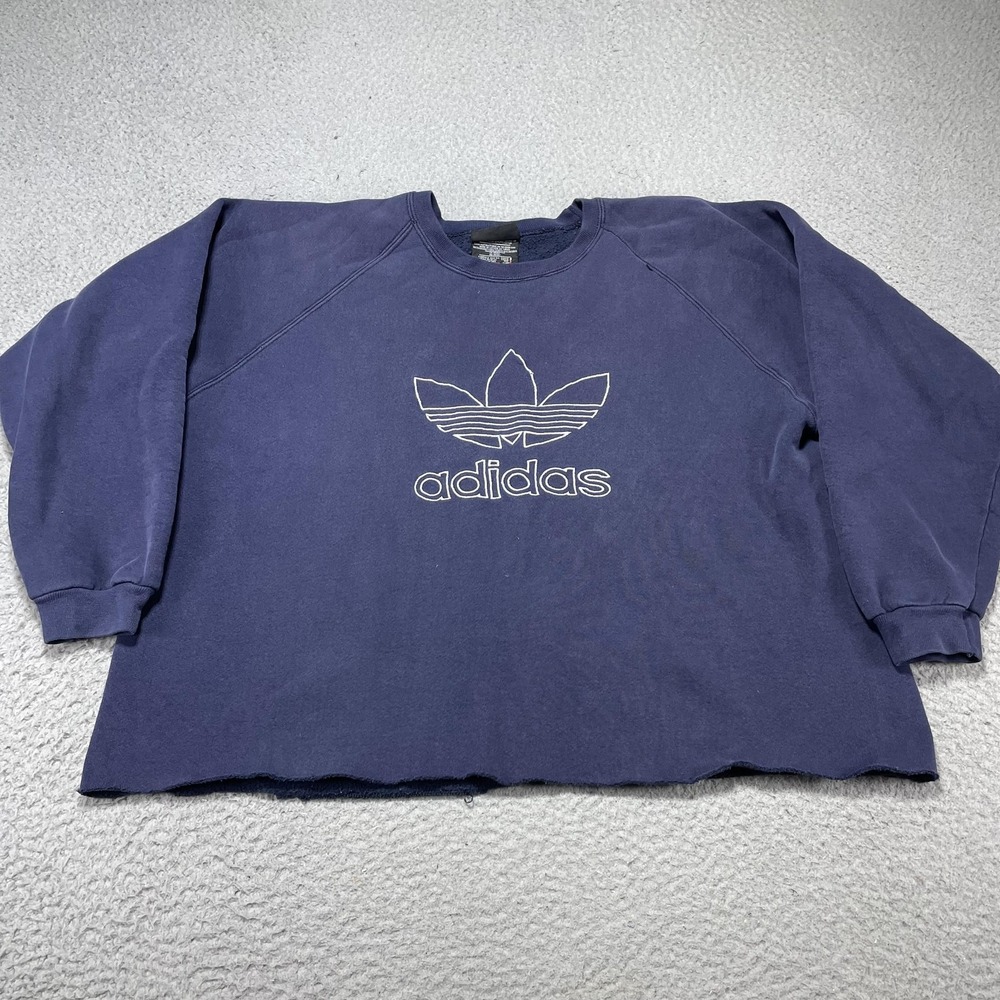 Vintage Adidas Sweatshirt Crewneck Mens Large Blue Trefoil Logo USA 90s Cropped